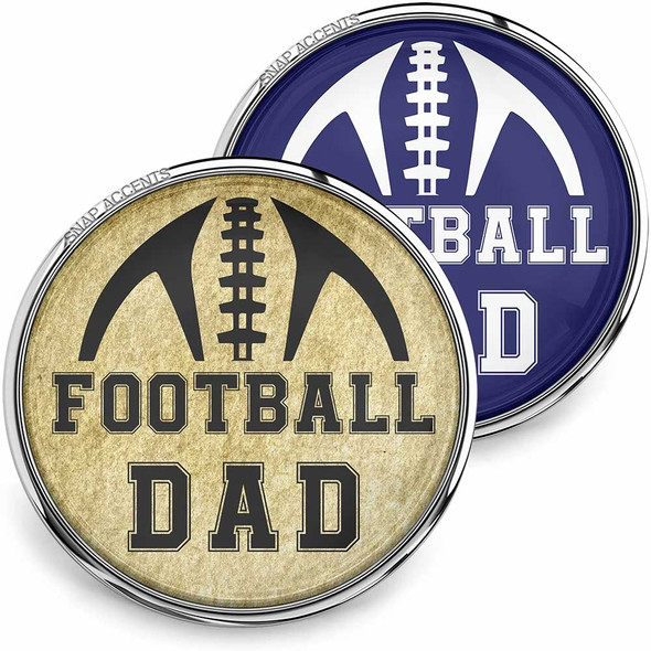 SnapAccents snap jewelry buttons featuring "Football Dad" text with football graphic, vintage beige and blue backgrounds, interchangeable decorative snaps for bracelets, perfect gift for football-loving dads, sports-themed accessory, durable metal frame, stylish and personalized snap charm for men.