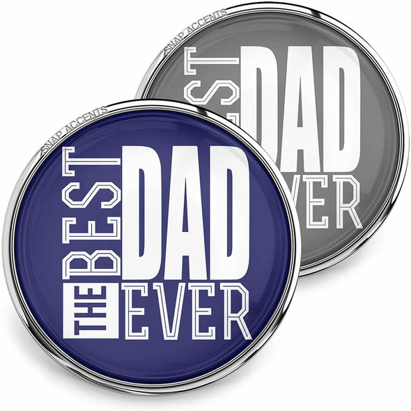 SnapAccents snap jewelry button with "Best Dad Ever" text in bold white letters on blue and gray backgrounds, perfect gift for Father's Day or dad appreciation.