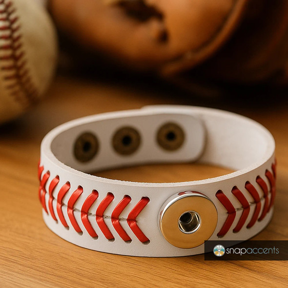 White leather snap bracelet with red baseball stitch design and silver snap button, adjustable sports-themed jewelry accessory by SnapAccents, perfect for baseball fans and athletes, unisex wristband for casual wear or game day style.