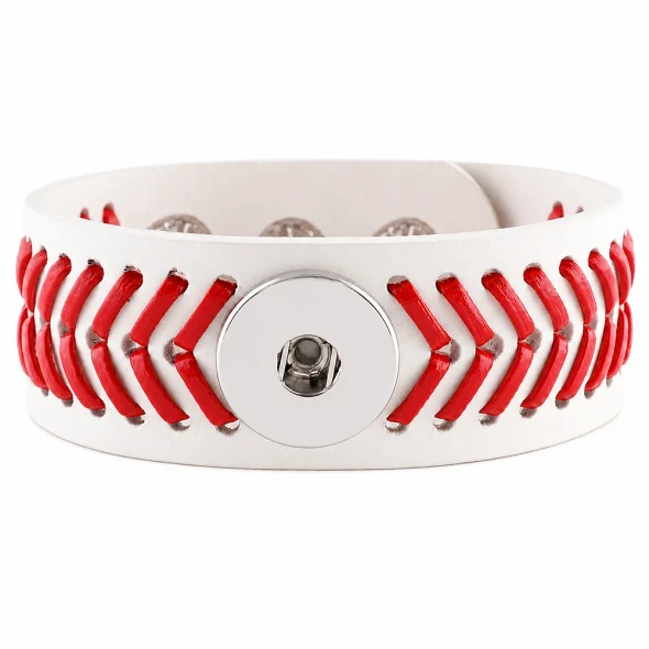 White leather snap bracelet with red baseball stitch design, adjustable snap button closure, sporty baseball-themed jewelry accessory by SnapAccents, perfect for sports fans and casual wear.
