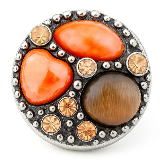 SnapAccents round snap jewelry charm with orange heart and oval stones, brown tiger's eye stone, and amber rhinestones set in antique silver-tone metal, decorative beaded border, interchangeable accessory for bracelets and necklaces.