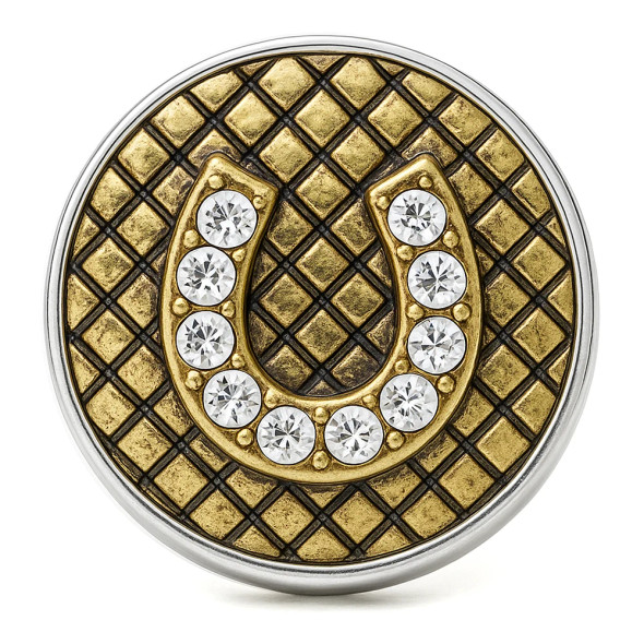Round SnapAccents snap jewelry charm featuring a gold-tone horseshoe adorned with clear rhinestones on a textured gold and black checkered background, perfect for interchangeable snap jewelry bracelets and accessories.