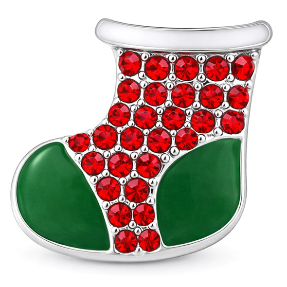 Christmas stocking snap charm with red rhinestones and green enamel accents, silver-tone festive holiday jewelry accessory for SnapAccents snap bracelets and interchangeable jewelry collections.