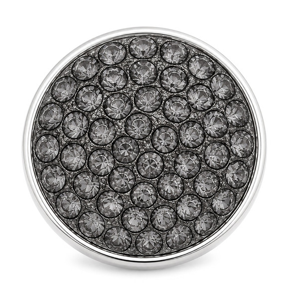 round snap jewelry charm covered with multiple small gray rhinestones set in a silver-tone base