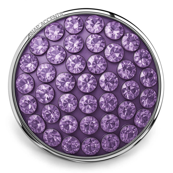Round SnapAccents snap jewelry charm with multiple faceted purple crystals set in silver-tone metal, designed for interchangeable snap bracelets, necklaces, and accessories.