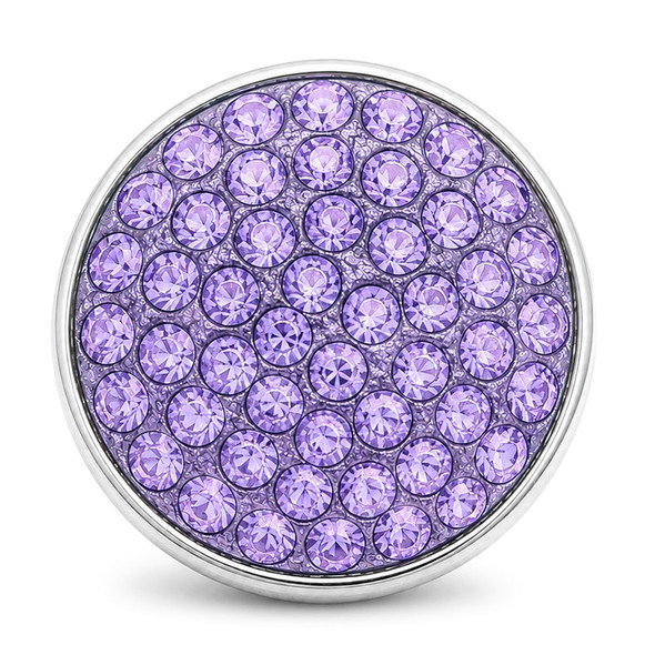 round snap jewelry charm covered with multiple faceted lilac purple rhinestones set in a silver-tone metal base