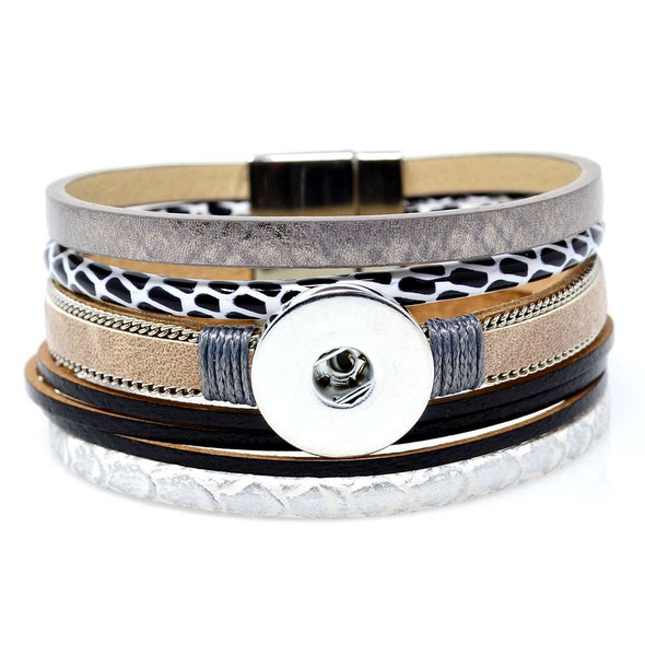Multi-layer SnapAccents snap bracelet featuring mixed textures including metallic silver, black and white animal print, beige suede with chain detail, black leather, and white snakeskin pattern, designed for interchangeable snap charms with a magnetic clasp closure.