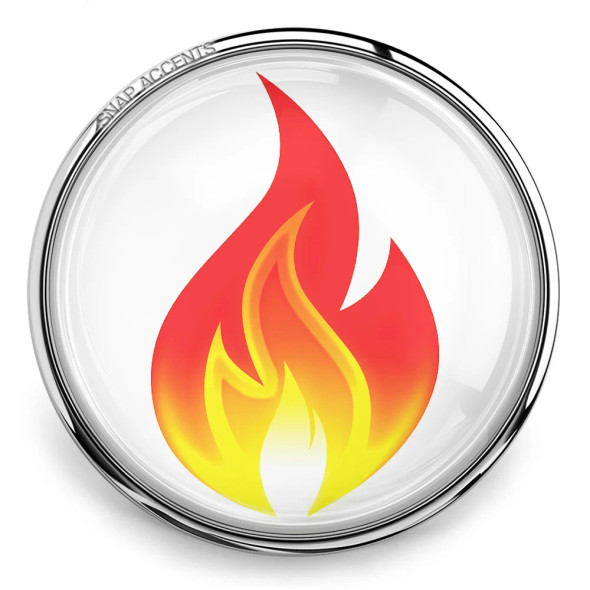 SnapAccents round snap jewelry charm featuring vibrant red and yellow flame design, interchangeable decorative accessory for snap bracelets, necklaces, and customizable jewelry collections.