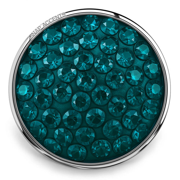 Round SnapAccents snap jewelry charm with multiple teal blue faceted crystals set in silver-tone metal, designed for interchangeable snap bracelets and accessories.