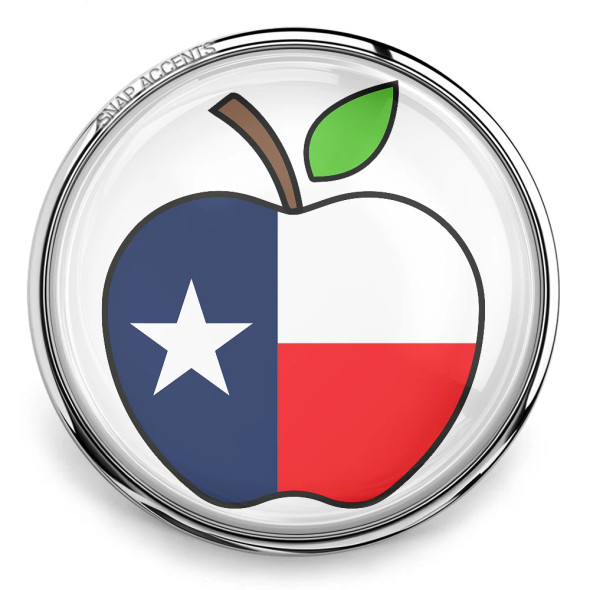 SnapAccents snap jewelry charm featuring an apple design with the Texas state flag colors and star, silver-tone metal frame, interchangeable snap button accessory for bracelets, necklaces, and customizable jewelry.