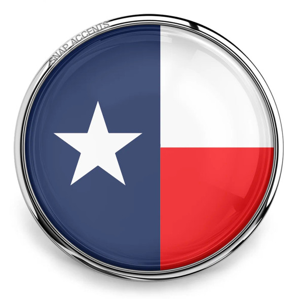 Round SnapAccents snap jewelry charm featuring the Texas state flag design with a white star on blue, white, and red color blocks, set in a shiny silver metal frame.