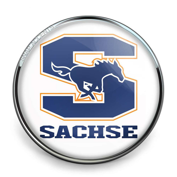 SnapAccents snap jewelry featuring a bold blue and orange letter "S" with a running mustang horse logo and "SACHSE" text, polished silver-tone metal frame, perfect for school spirit, sports fans, and personalized accessory collections.