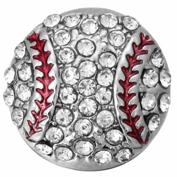 Round snap jewelry charm featuring clear rhinestones and red enamel baseball stitching design, perfect for sports fans and customizable snap bracelets or necklaces.