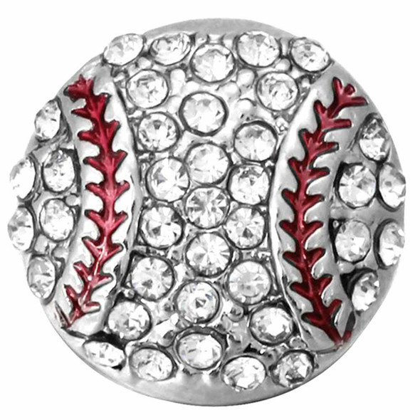 round snap jewelry charm designed as a baseball with clear rhinestones and red enamel stitching details