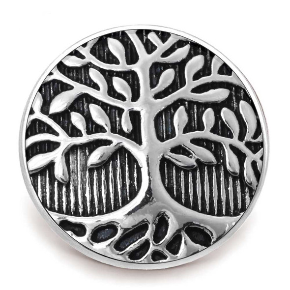 Round silver snap charm with intricate tree of life design, textured black background, and detailed branches and roots, perfect for SnapAccents interchangeable jewelry collections.