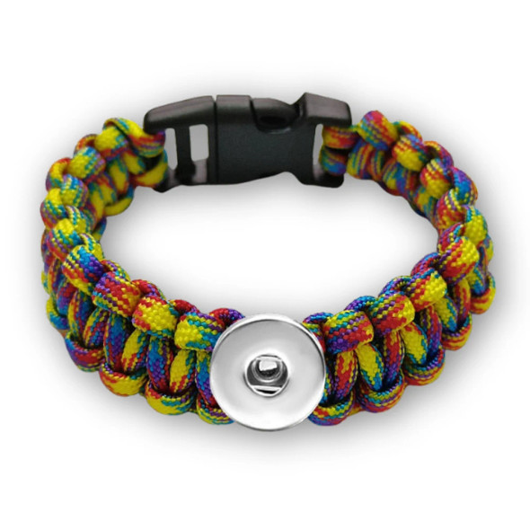 Colorful woven paracord snap bracelet with black plastic buckle and silver-tone snap button base for interchangeable SnapAccents jewelry charms, adjustable unisex wrist accessory.