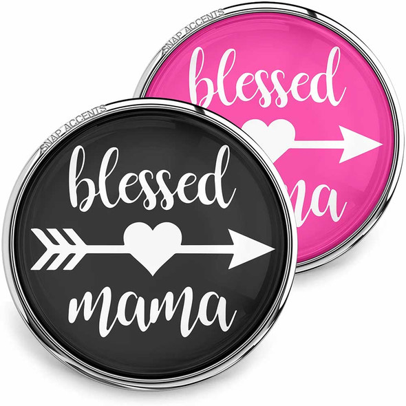 SnapAccents round snap jewelry charms with "blessed mama" white script text, heart and arrow design, available in black and pink backgrounds, interchangeable snap buttons for bracelets or necklaces, perfect gift for moms, stylish and meaningful accessory.