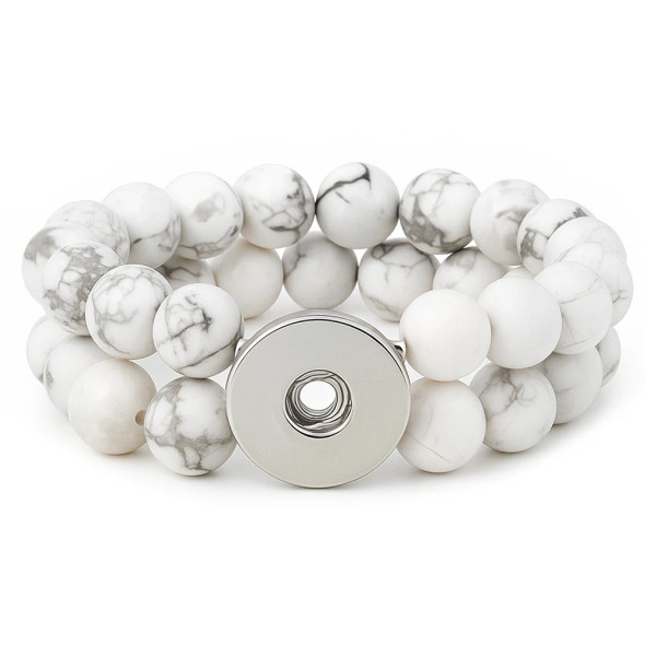 White marble stone double strand stretch bracelet with silver-tone snap button charm base for interchangeable SnapAccents jewelry pieces.
