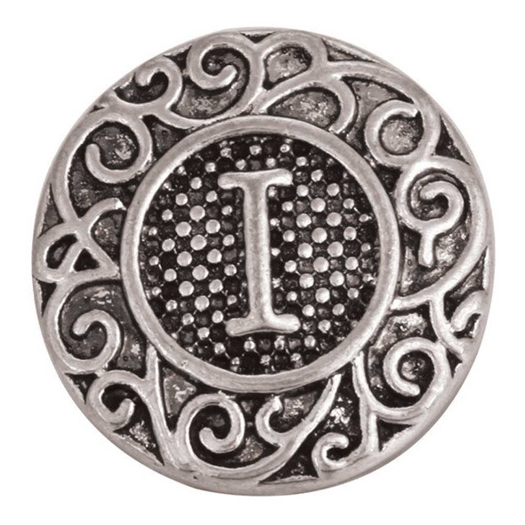 SnapAccents silver-tone snap jewelry charm with intricate scrollwork design and raised letter "I" in the center, perfect for customizable bracelets, necklaces, and accessories.