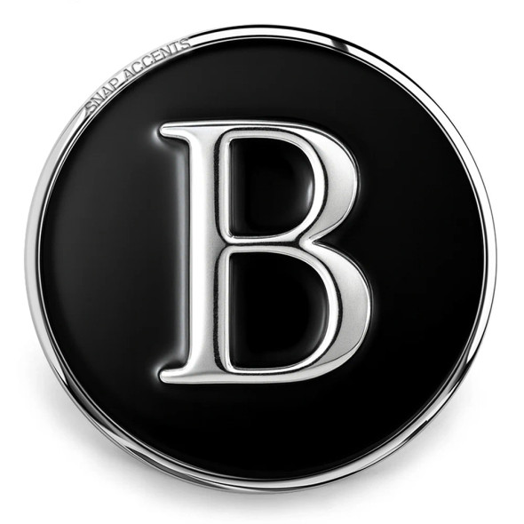 Black SnapAccents snap jewelry charm with silver letter B, round metal accessory for interchangeable snap bracelets and necklaces, stylish personalized initial jewelry piece.