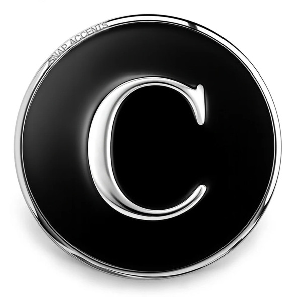 Black SnapAccents snap jewelry charm with silver letter C initial, round metal accessory for customizable snap bracelets, necklaces, and fashion jewelry.