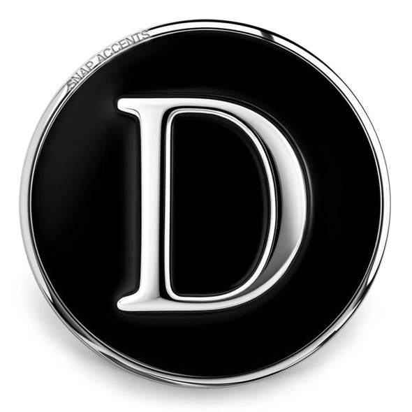 SnapAccents black and silver snap jewelry charm featuring a bold letter D initial, round metal design, interchangeable accessory for bracelets and necklaces, stylish personalized fashion accent.