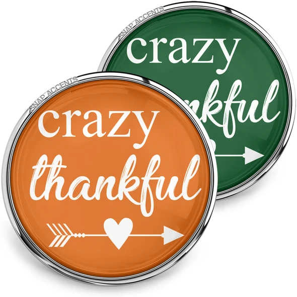 SnapAccents snap jewelry buttons with "crazy thankful" text in white on orange and green backgrounds, featuring heart and arrow design, displayed on wooden tray with small pumpkins, perfect for fall and Thanksgiving accessories.