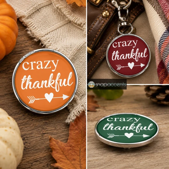 SnapAccents snap jewelry buttons with "crazy thankful" text in white on orange and green backgrounds, featuring heart and arrow design, displayed on wooden tray with small pumpkins, perfect for fall and Thanksgiving accessories.