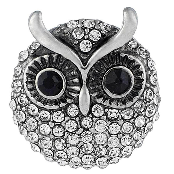 owl-shaped snap jewelry charm covered in clear rhinestones with black faceted eyes and silver-tone metal accents