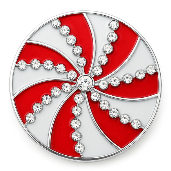SnapAccents round snap jewelry charm featuring a red and white peppermint swirl design embellished with clear rhinestones, perfect for interchangeable snap bracelets, necklaces, and accessories.