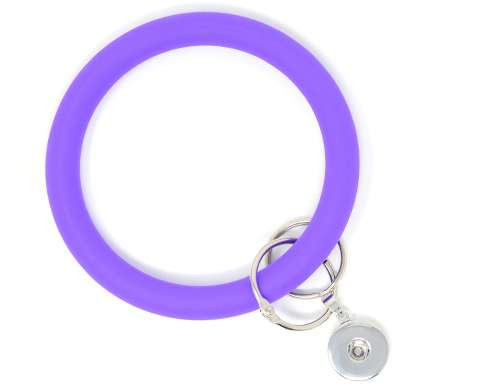 Purple silicone snap jewelry bangle bracelet with silver snap charm holder and keyring, adjustable and stylish accessory for interchangeable snap buttons.