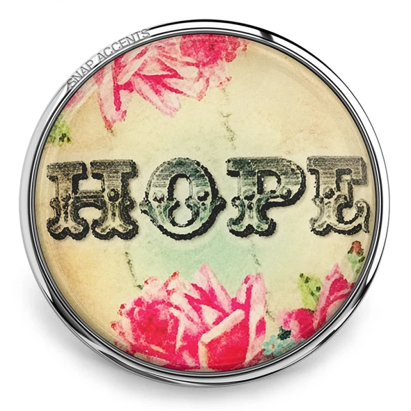 SnapAccents round snap jewelry charm with vintage floral design featuring pink roses and the word "HOPE" in bold distressed black letters, perfect for interchangeable snap bracelets, necklaces, and accessories, inspirational gift for women, motivational jewelry piece.