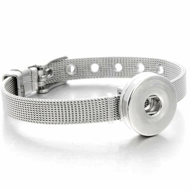silver mesh snap jewelry bracelet with an adjustable buckle and a polished round snap holder