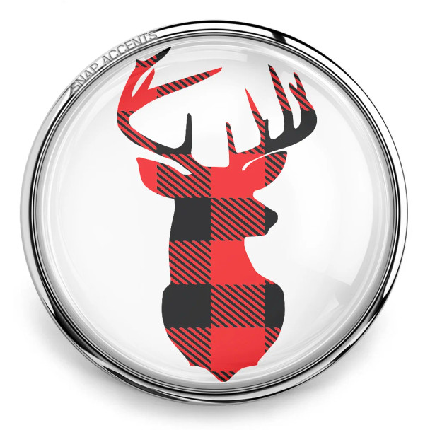 SnapAccents snap jewelry charm featuring a red and black buffalo plaid deer silhouette design, perfect for rustic, woodland, or holiday-themed accessories.