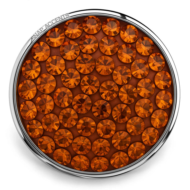 SnapAccents round snap jewelry charm with vibrant orange faceted crystals set in silver-tone metal, perfect for interchangeable snap bracelets, necklaces, and accessories.