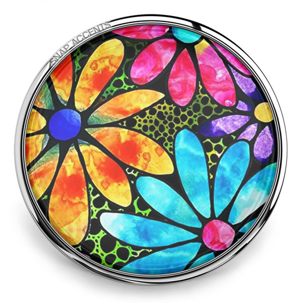 18mm snap jewelry charm with colorful watercolor daisy flowers in orange, pink, blue, and purple on a green and black dotted background