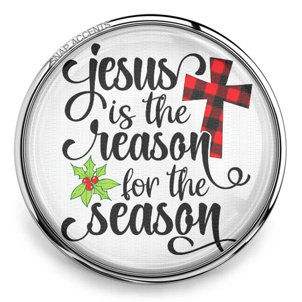 Round SnapAccents snap jewelry charm with "Jesus is the reason for the season" text, featuring a red and black buffalo plaid cross and green holly leaves, set against a festive red background with snowflake patterns.
