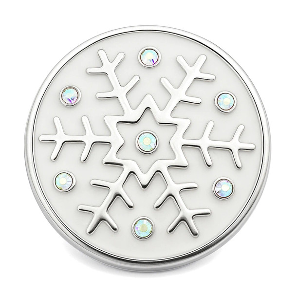 Round SnapAccents snap jewelry charm with silver snowflake design and iridescent rhinestones on white background, interchangeable button accessory for bracelets and necklaces, winter holiday fashion embellishment.