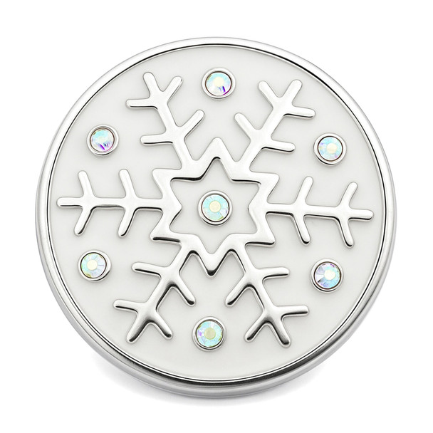 round snap jewelry charm with a white enamel background featuring a silver snowflake design accented by iridescent AB crystals