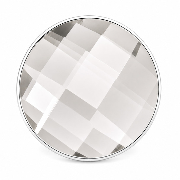 Light gray faceted snap jewelry charm with a round shape and silver metal edge, showing a geometric faceted surface