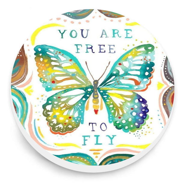 18MM snap jewelry charm with a colorful watercolor butterfly and the words You Are Free To Fly in blue and green tones