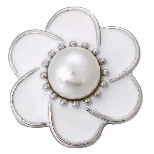 white enamel flower snap jewelry charm with a central round pearl and silver-tone accents outlining petals