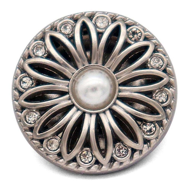 SnapAccents round snap jewelry charm featuring a vintage silver-tone floral design with a central faux pearl and surrounding clear rhinestones, perfect for interchangeable snap bracelets, necklaces, and accessories.