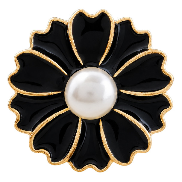 black enamel flower snap jewelry charm with gold trim and a white pearl center