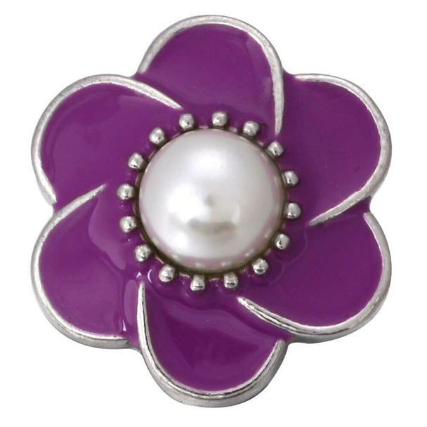 purple enamel flower snap jewelry charm with a white pearl center and silver-tone accents