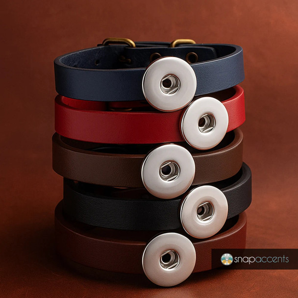 Stack of SnapAccents snap leather bracelets in navy blue, red, brown, black, and dark brown with silver snap button accents, stylish adjustable unisex wristbands for interchangeable snap jewelry accessories.