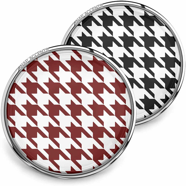 SnapAccents round snap jewelry charms featuring classic houndstooth pattern in black and white and maroon and white, interchangeable decorative buttons for bracelets and accessories, stylish fashion snap accents with silver-tone metal edges.