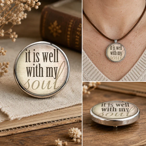 Round SnapAccents snap jewelry charm with inspirational quote "it is well with my soul" in black and beige text, silver metal frame, placed on wooden surface, ideal for interchangeable snap jewelry accessories.