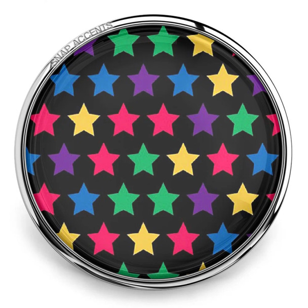 SnapAccents colorful star pattern snap jewelry charm with vibrant blue, green, yellow, pink, and purple stars on black background, interchangeable snap button accessory for bracelets, necklaces, and fashion jewelry.