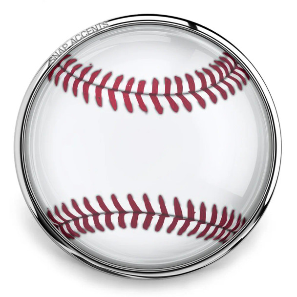 SnapAccents clear glass snap jewelry charm with red baseball stitching design, round silver-tone metal frame, interchangeable accessory for bracelets and necklaces, sports-themed fashion jewelry piece.
